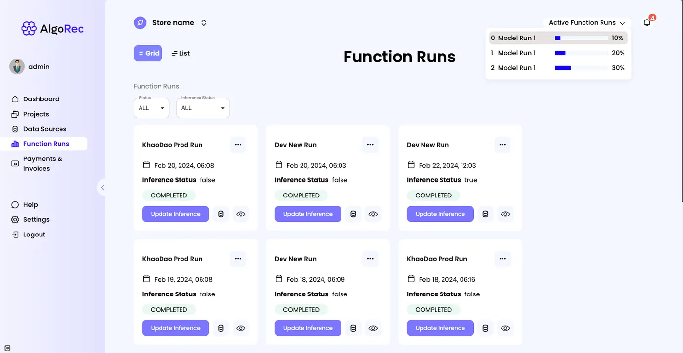 AlgoRec dashboard listing training and inference function runs with their status.