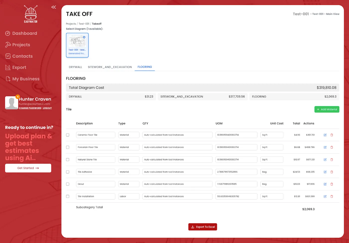 Easymator takeoff screen with a table of measured items and their materials.