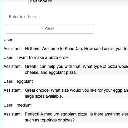 Chat transcript in which the KhaoDao assistant helps a user order a medium eggplant pizza.