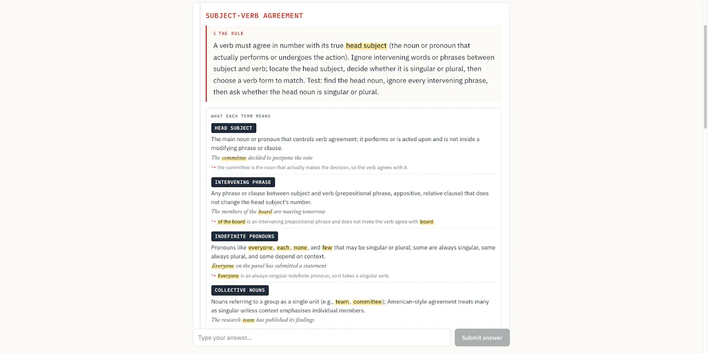 Margin essay feedback view flagging a subject-verb agreement error with an explanation.